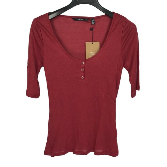 Vero Moda Womens T-Shirt Tammie 3/4 Sleeve Tee Stretch Button Red M Medium NWT - Picture 1 of 3